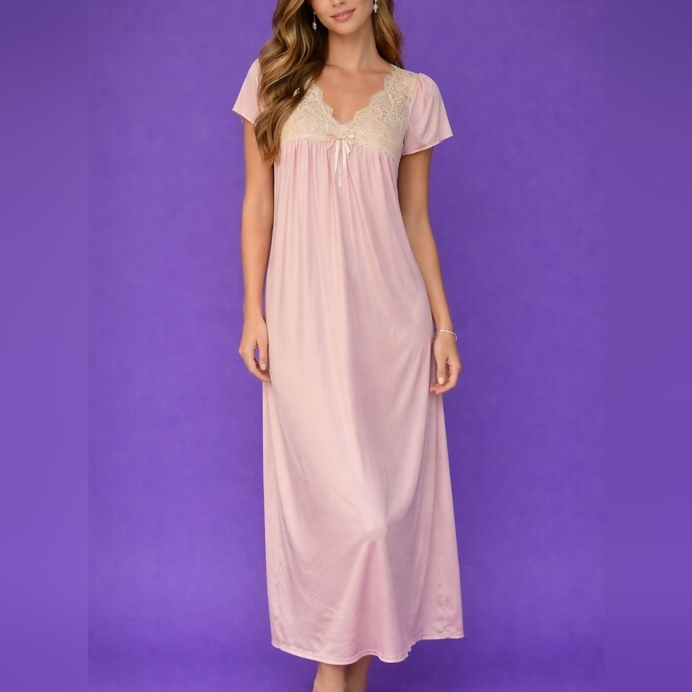 VTG VANITY FAIR 1960s Pink Floral Lace Bow Satin Full Length Nightgown
